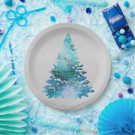 Trendy Aquamarin Silver Glitzer Tree Weihnachten Pappteller (Party)