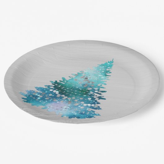 Trendy Aquamarin Silver Glitzer Tree Weihnachten Pappteller (Schrägansicht)