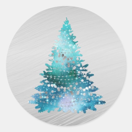 Trendy Aquamarin Silver Glitzer Tree Weihnachten Runder Aufkleber (Vorderseite)