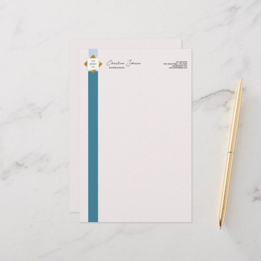 Trendy Aquamarin Stripes Gold Logo Briefpapier (Vorderseite/Rückseite Beispiel)