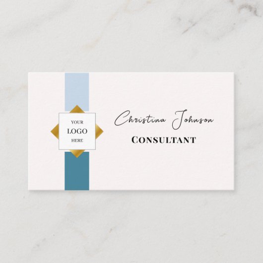 Trendy Aquamarin Stripes Gold Logo Visitenkarte (Vorderseite)