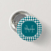 Trendy Aquamarin und White Checked Mit Monogramm N Button (Vorne & Hinten)