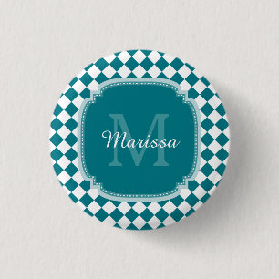 Trendy Aquamarin und White Checked Mit Monogramm N Button