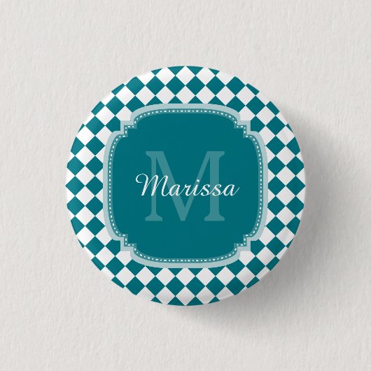Trendy Aquamarin und White Checked Mit Monogramm N Button (Vorderseite)