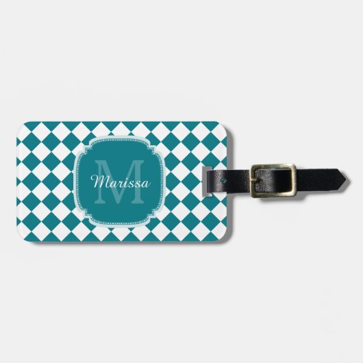 Trendy Aquamarin und White Checked Mit Monogramm N Gepäckanhänger (Vorderseite horizontal)