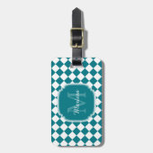 Trendy Aquamarin und White Checked Mit Monogramm N Gepäckanhänger (Vorderseite vertikal)