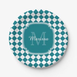 Trendy Aquamarin und White Checked Mit Monogramm N Pappteller