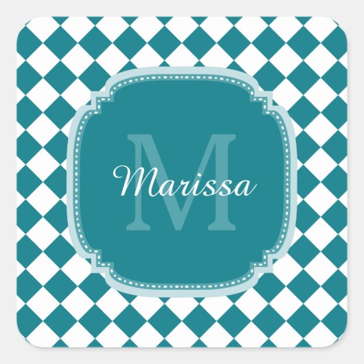 Trendy Aquamarin und White Checked Mit Monogramm N Quadratischer Aufkleber (Vorderseite)