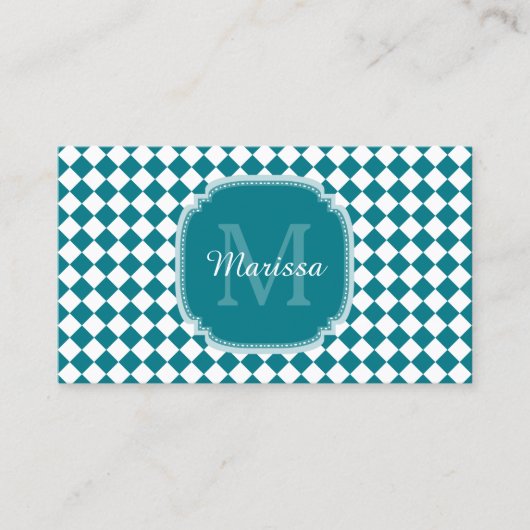 Trendy Aquamarin und White Checked Mit Monogramm N Visitenkarte (Vorderseite)