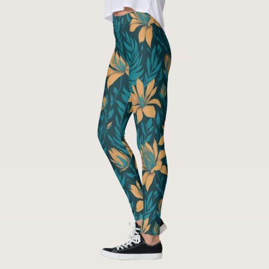 Trendy Aquamarine Blätter Orange Tropical Floral M Leggings (Links)