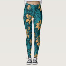 Trendy Aquamarine Blätter Orange Tropical Floral M Leggings
