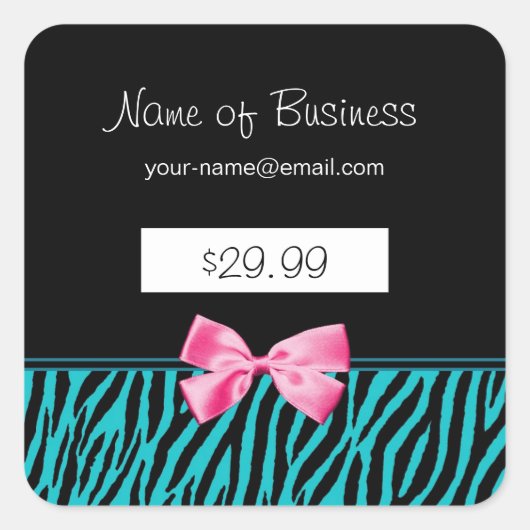 Trendy Aquamarine Zebra Streifen Pink Ribbon Preis Quadratischer Aufkleber (Vorderseite)