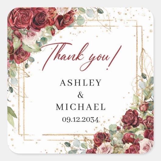 Trendy Aquarell Rot und Rot Hochzeitsticker Quadratischer Aufkleber (Vorderseite)