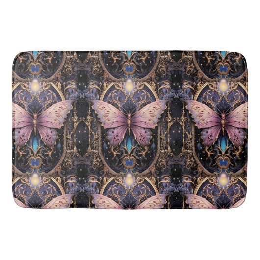 Trendy Art Déco Lila Pink Gold Schmetterling Badematte (Vorderseite)