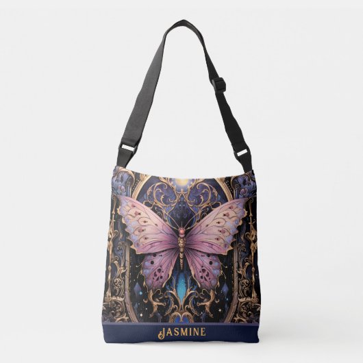 Trendy Art Déco Lila Pink Gold Schmetterling Tragetaschen Mit Langen Trägern (Vorderseite)