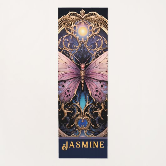 Trendy Art Déco Lila Pink Gold Schmetterling Yogamatte (Vorderseite)