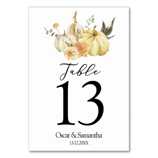 Trendy Autumn Wassercolor Pumpkin & Blume Tischnummer (Rückseite)