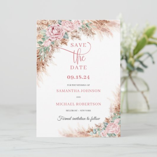 Trendy Beach Pampas Gras und Rose grün. Save The Date (Stehend Vorderseite)
