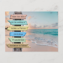 Trendy Beach Sign Wedding Save the Date Ankündigungspostkarte