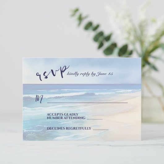 Trendy Beach Watercolor Ocean Wedding RSVP Karte (Stehend Vorderseite)