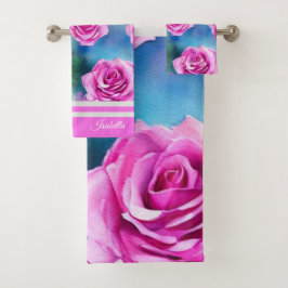 Trendy Beautiful Watercolor Pink Roses Collection Badhandtuch Set