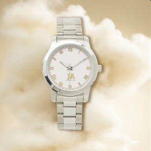 Trendy Beige Stylish Gold Monogram Name Armbanduhr