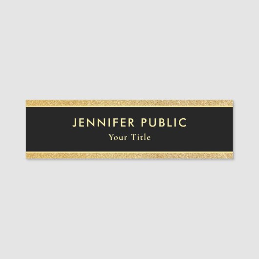 Trendy Beruflicher eleganter Schwarz-Gold-Glitzer Namensschild (Vorderseite)