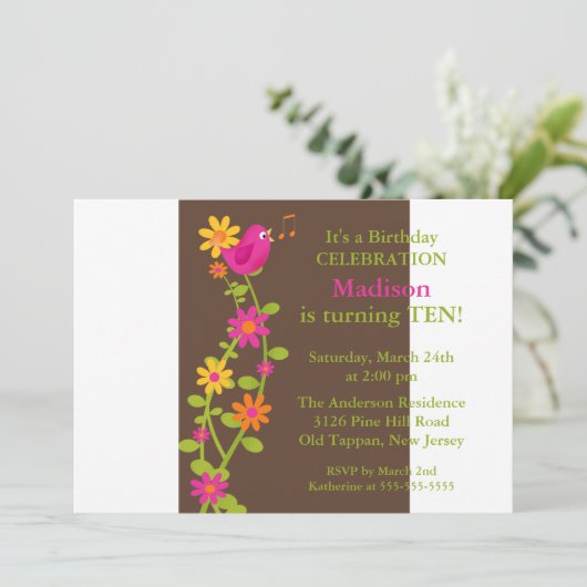 Trendy Bird & Blume zum Geburtstag Einladung (Stehend Vorderseite)
