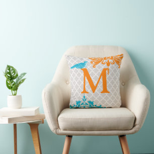 Trendy Bird Coral Aqua Monogram Marokkanische Tile Kissen