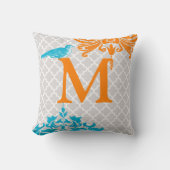 Trendy Bird Coral Aqua Monogram Marokkanische Tile Kissen (Vorderseite)