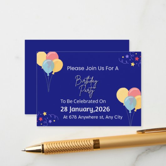 Trendy Birthday Party Invitation | Personalized Te Begleitkarte (Vorderseite/Rückseite Beispiel)