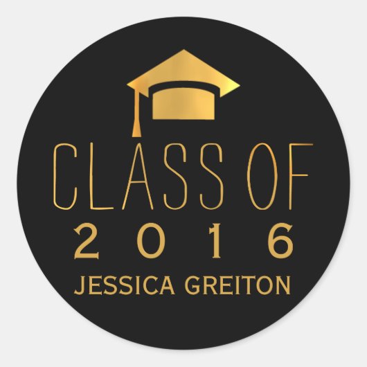 Trendy Black and Gold Class of 2016 Graduation Cap Runder Aufkleber (Vorderseite)