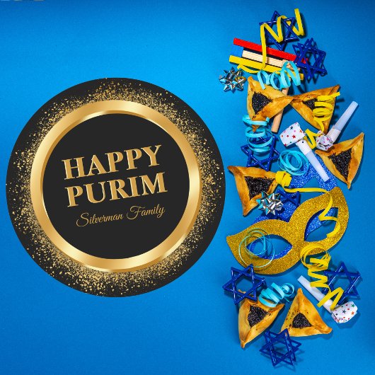 Trendy Black and Gold Juwish Holiday Happy Purim Runder Aufkleber