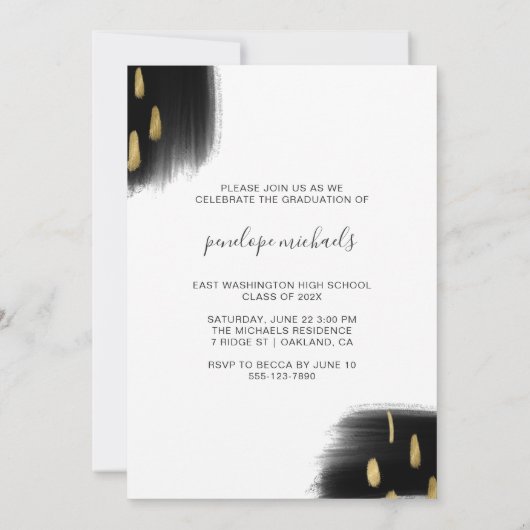 Trendy Black and Gold Splashes Graduation Party Einladung (Rückseite)