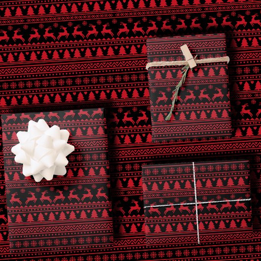 Trendy Black and Red Nordic Ugly Sweater Christmas Geschenkpapier Set