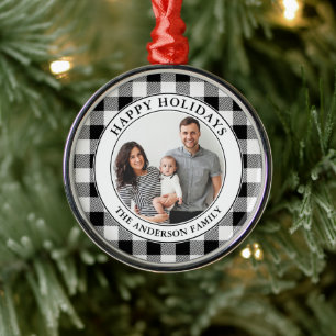 Trendy Black and White Kariert Happy Holidays Ornament Aus Metall