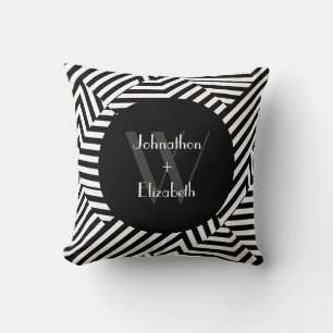 Trendy Black and White Monogram Stripes Wedding Kissen