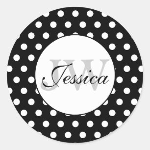 Trendy Black and White polka dots Muster Monogram Runder Aufkleber