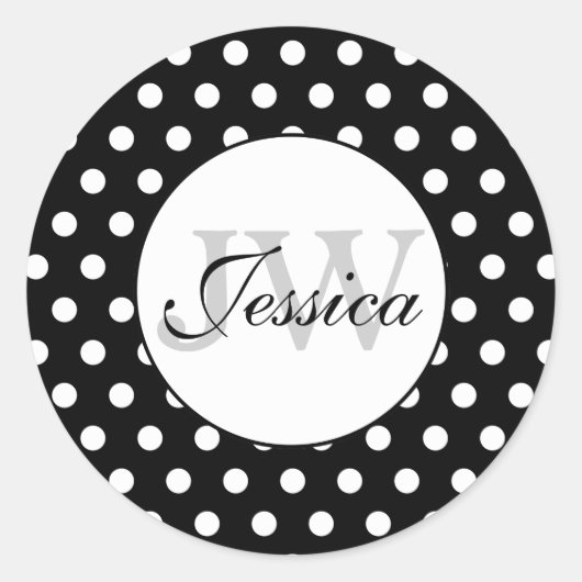 Trendy Black and White polka dots Muster Monogram Runder Aufkleber (Vorderseite)