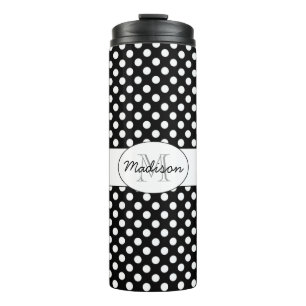 Trendy Black and White polka dots Muster Monogram Thermosbecher