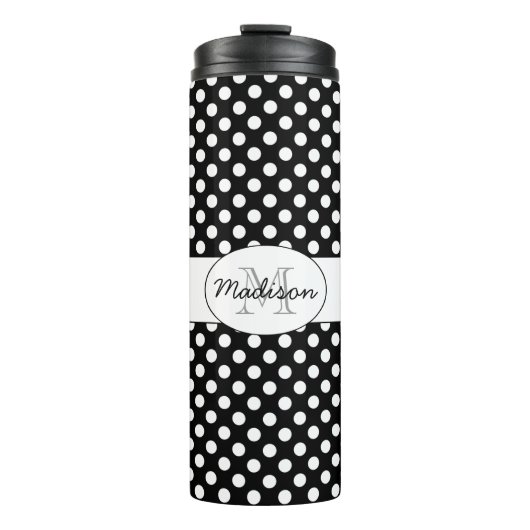 Trendy Black and White polka dots Muster Monogram Thermosbecher (Vorderseite)