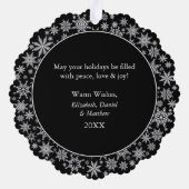 Trendy Black and White Snowflakes Frohe Weihnachte Ornament Karte (Rückseite)