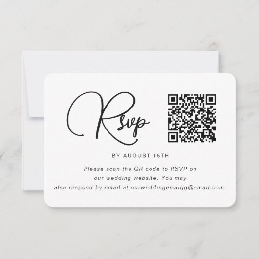 Trendy Black and White Wedding RSVP mit QR Code (Vorderseite)
