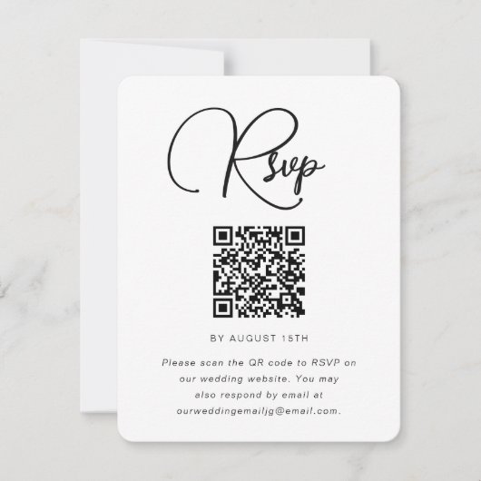 Trendy Black and White Wedding RSVP mit QR Code (Vorderseite)