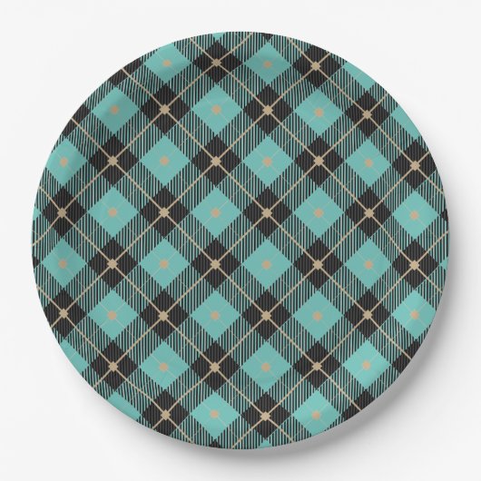Trendy Black Aqua Kariertes Muster Pappteller (Vorderseite)
