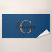 Trendy Black Blue Gold Stylish Monogram Badehandtuch (Badehandtuch)