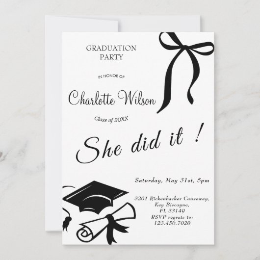 Trendy Black Bow Graduation Party Invitation Einladung (Vorderseite)
