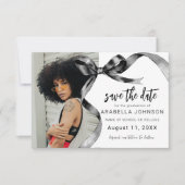 Trendy Black Bow Photo Graduation Save The Date (Vorderseite)