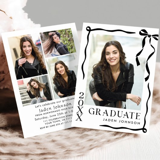 Trendy Black Bow Ribbon 5 PHOTO Graduation Party Einladung
