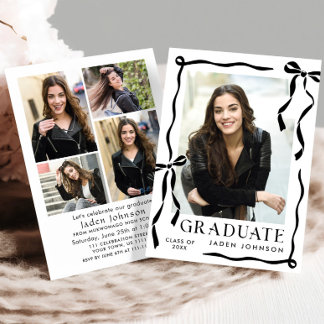 Trendy Black Bow Ribbon 5 PHOTO Graduation Party Einladung